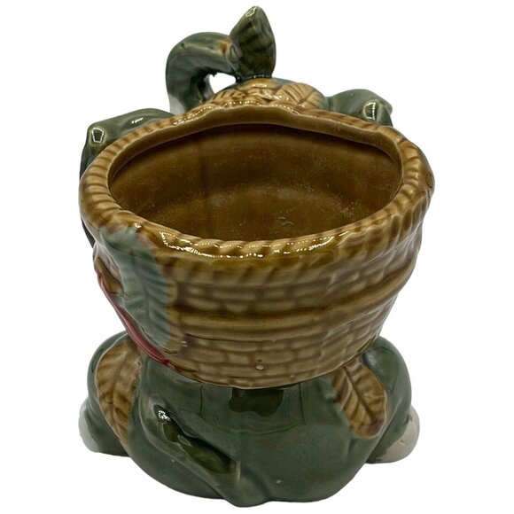 Green Elephant Planter Lucky Trunk Up Ceramic with Basket Tropical 5" x 4" - Picture 4 of 8